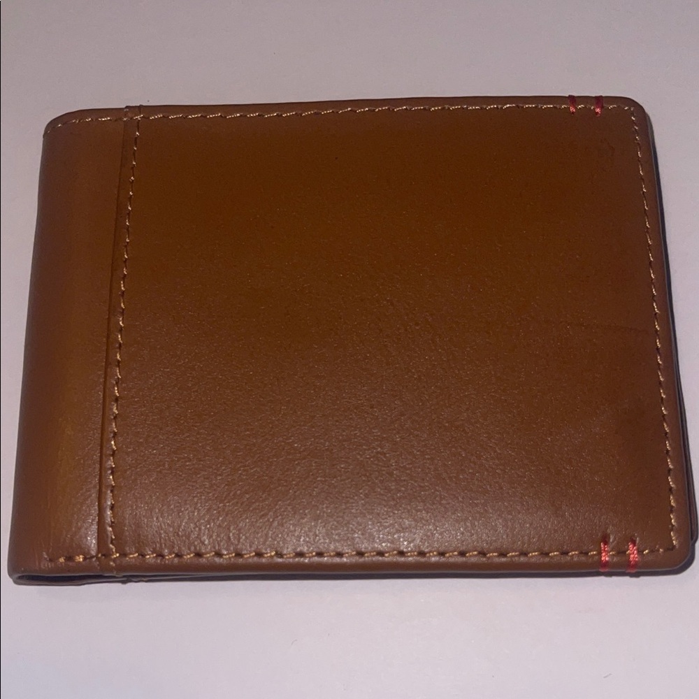 Lodis Men's Tan Leather Bi-Fold Wallet with Red Stitch Accents